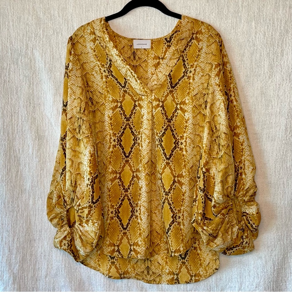 ADRIENNE women’s gold snake skin lantern sleeves tie front blouse S EUC